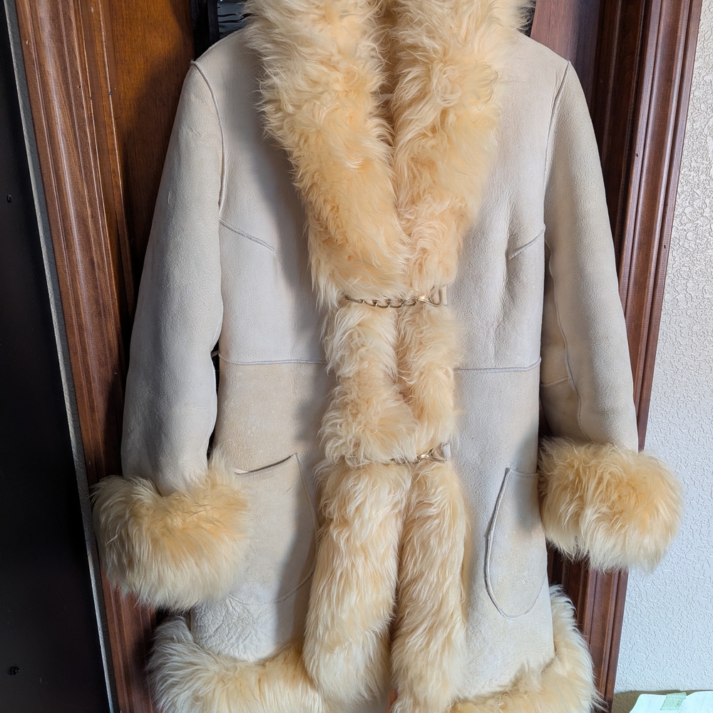 Women's Cream Faux Shearling Coat with Plush Trim